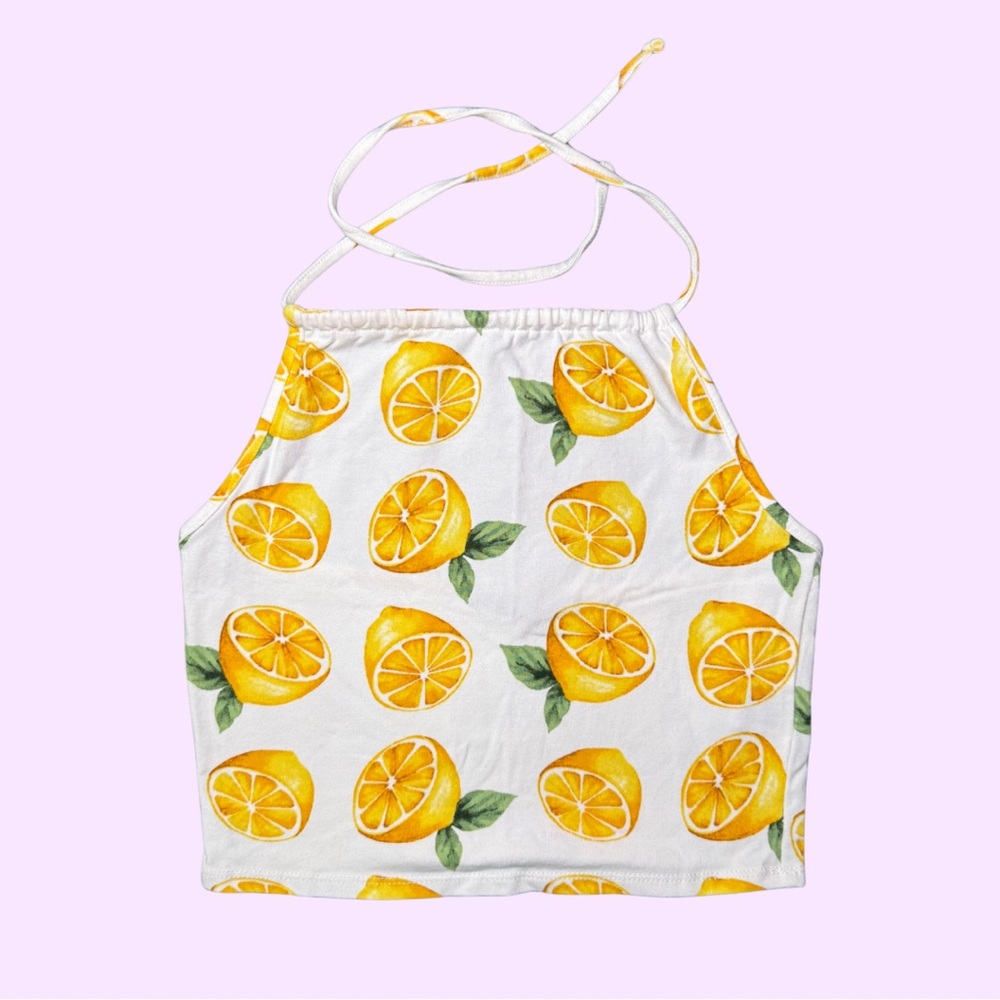 Forever 21 White Halter Top with Yellow Lemon Print